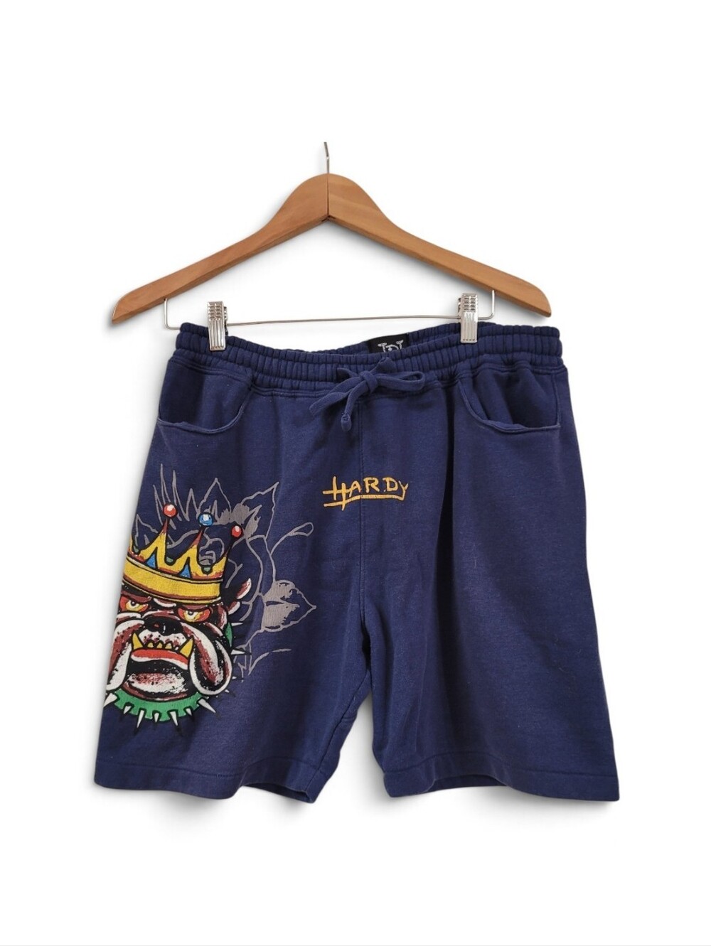 Vintage Ed Hardy Men's Blue Fleece Sweat Shorts Medium Crowned Bulldog Y2k
